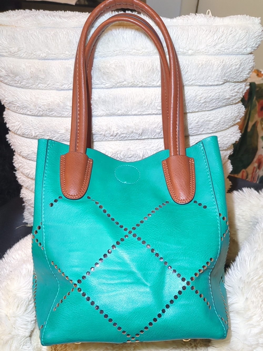Louenhide Turquoise Leather Tote with Brown Handles NOW ONLY $45